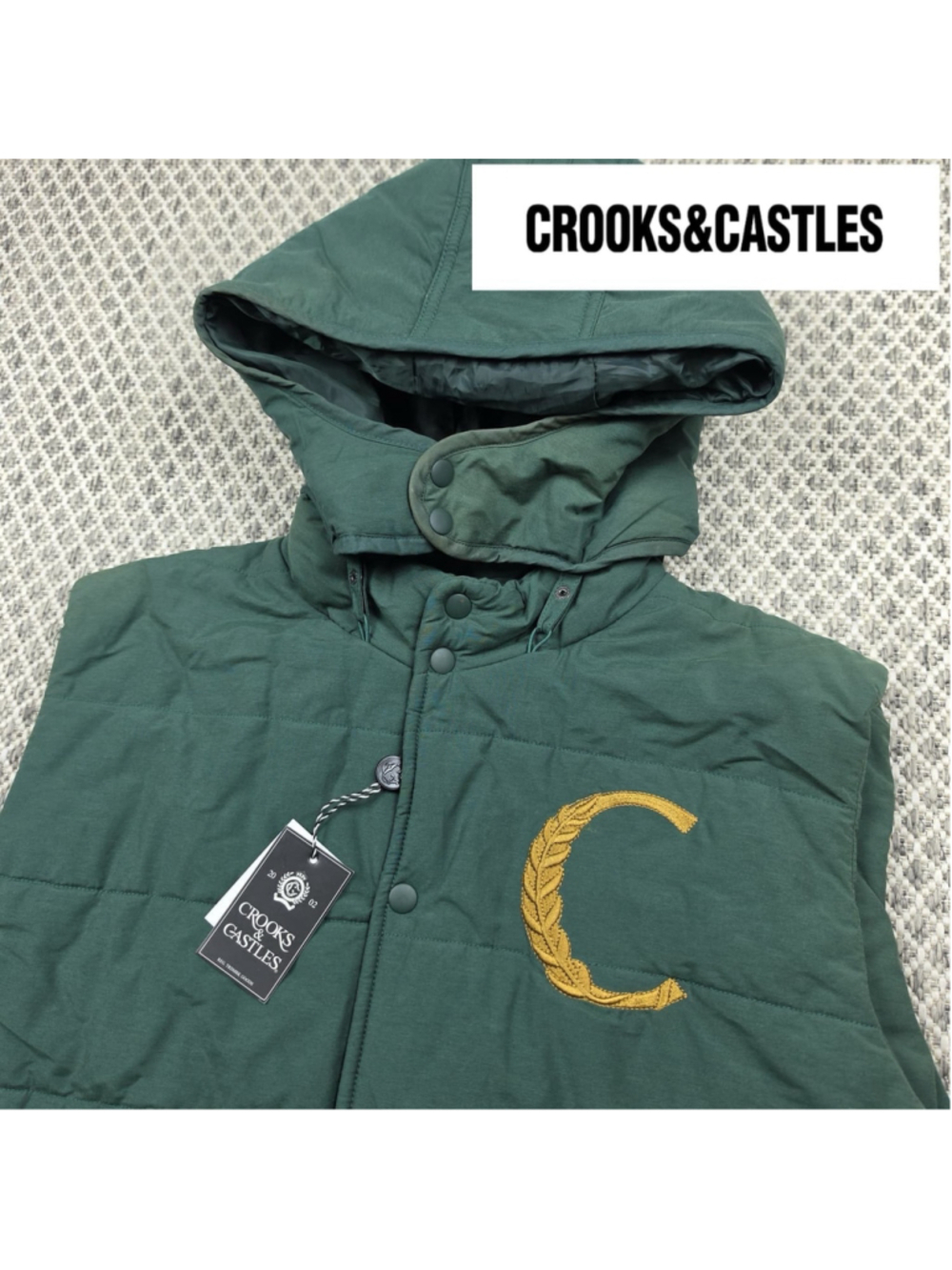 NWT Crooks & Castles Y2K Quilted Hooded Puffer Vest Green XL Streetwear
